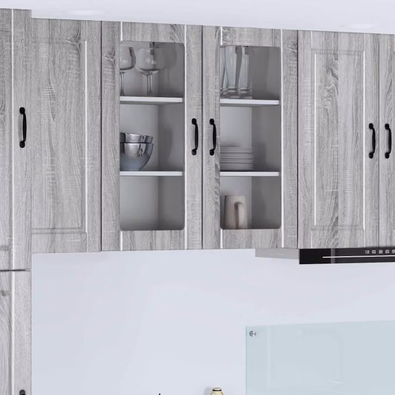 Set di 2 mobili da parete moderni vidaXL PORTO in MDF e vetro, colore Grigio Sonoma, L/P/H: 80 x 31 x 40 cm