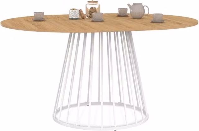 Tavolo da pranzo rotondo allungabile IDMarket YUNA per 4-8 persone con piano in legno marrone e base in metallo bianco L: 110-150 cm, P: 110 cm, H: 75 cm – 1