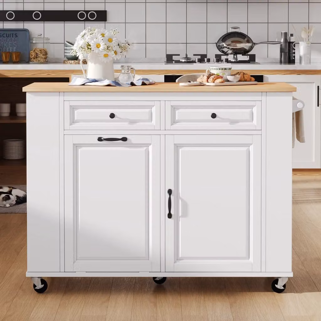 Carrello da cucina moderno OKWISH con 2 ante, ripiano regolabile, porta rifiuti e prese, su ruote, bianco opaco, L: 120 cm, P: 60 cm, H: 92 cm – 2