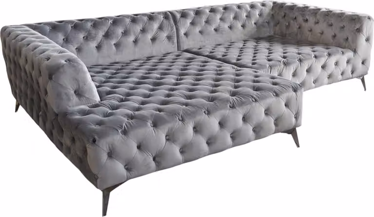 KAWOLA Divano NARLA divano angolare Chesterfield in tessuto velluto argento schienale sinistro