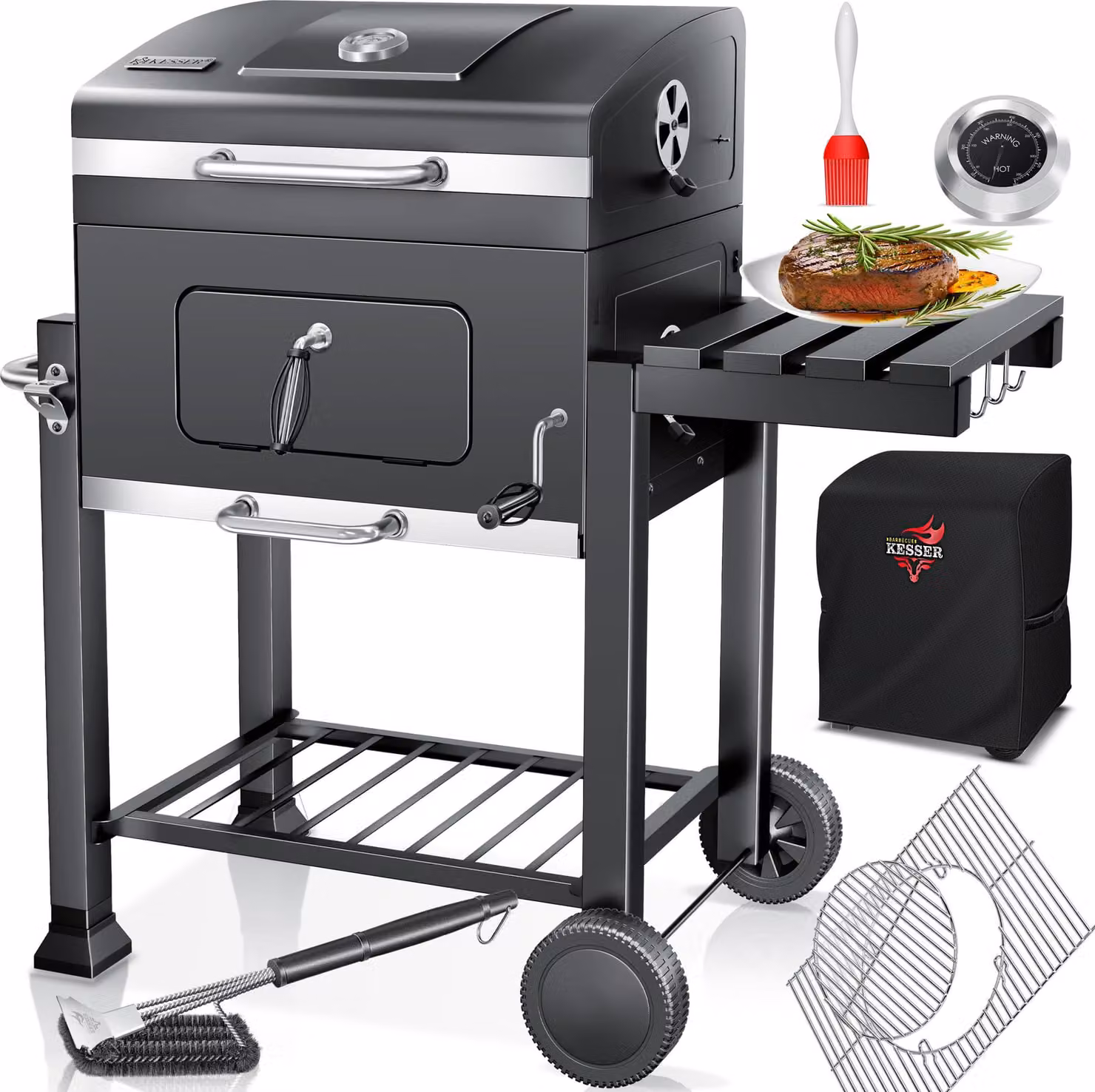 KESSER® Grill Carrello per barbecue XXL Barbecue a carbonella con coperchio, ruote, maniglia in acciaio inox, griglia e termometro Barbecue a carbonella Carrello grande Barbecue a carbonella Barbecue da campeggio, terrazza, giardino