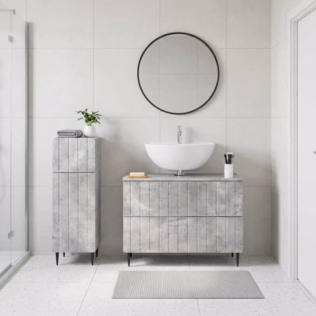 Set di mobili da bagno moderno vidaXL in legno grigio con vanità e ante a cerniera