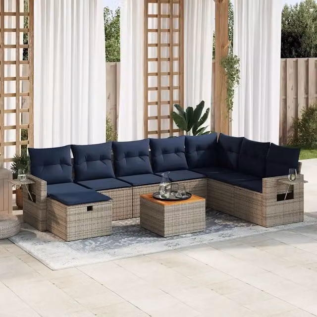 Set Divano da Giardino 9 pz con Cuscini Grigio in Polyrattan 3325834