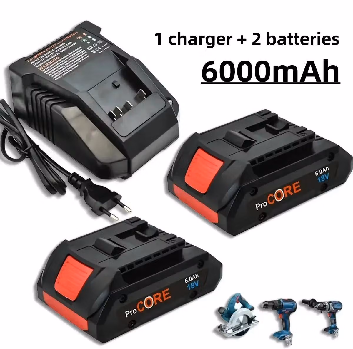 Batterie di ricambio, 18V, capacità 6000mAh, caricabatterie 60Ah per 2 batterie, 18V