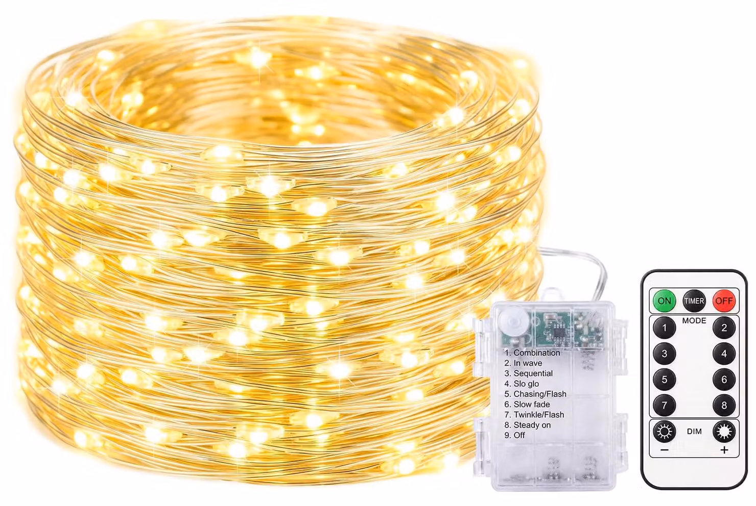 Catena luminosa da 10 metri, con 100 LED, luce bianco caldo, alimentata a batteria, impermeabile