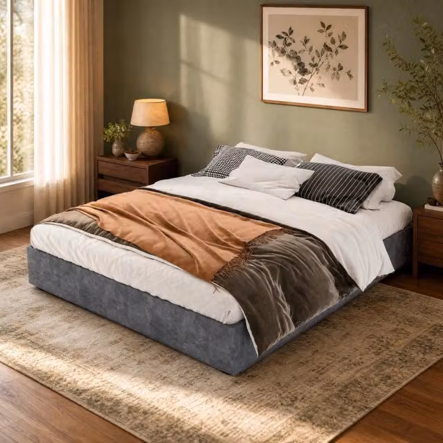 Letto Mivray moderno con testiera in tessuto grigio e struttura in legno e metallo L/P: 160 x 200 cm