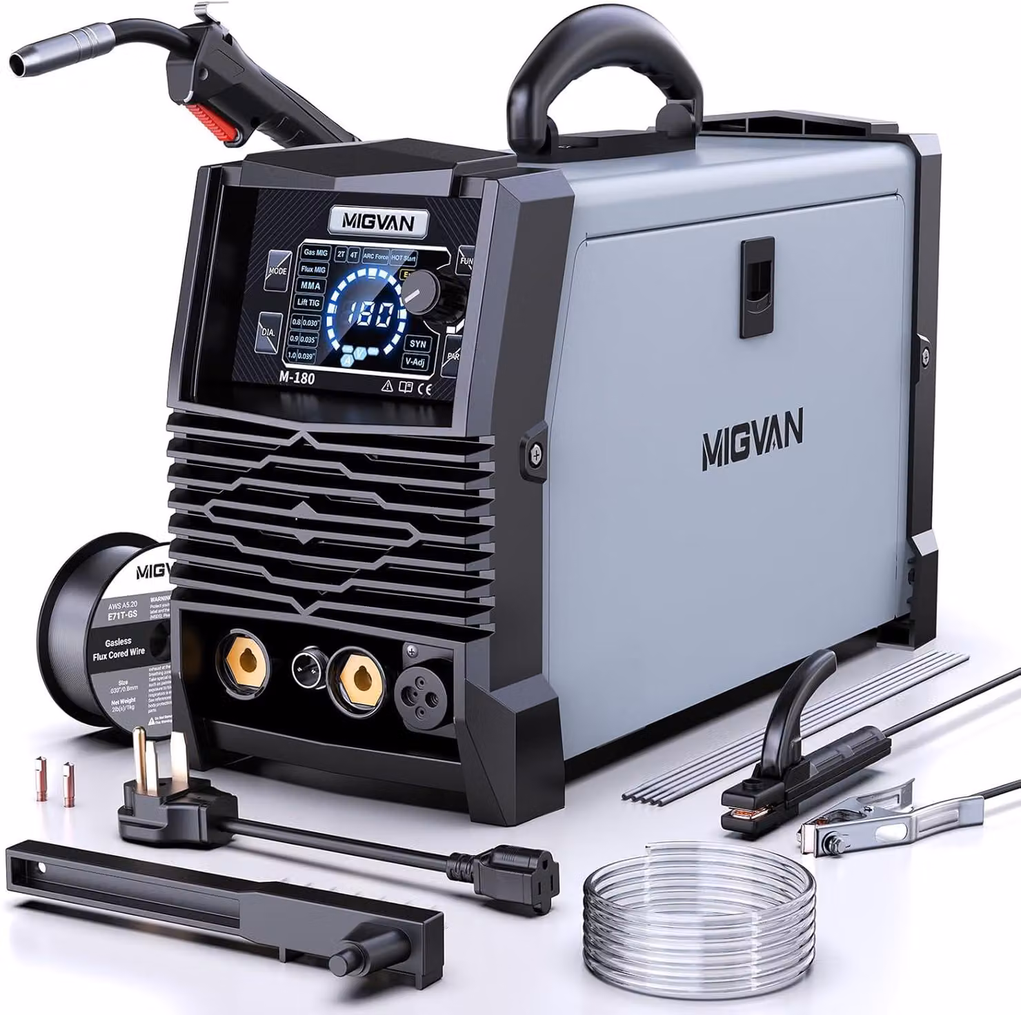 Saldatrice MIG/MAG 180A con inverter IGBT - Apparecchio multifunzione 5-in-1 per saldatura con gas di protezione, dotato di controllo sinergico