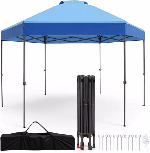 Gazebo pop-up pieghevole da giardino blu con altezza regolabile, picchetti e corde, L/P: 360 x 360 cm