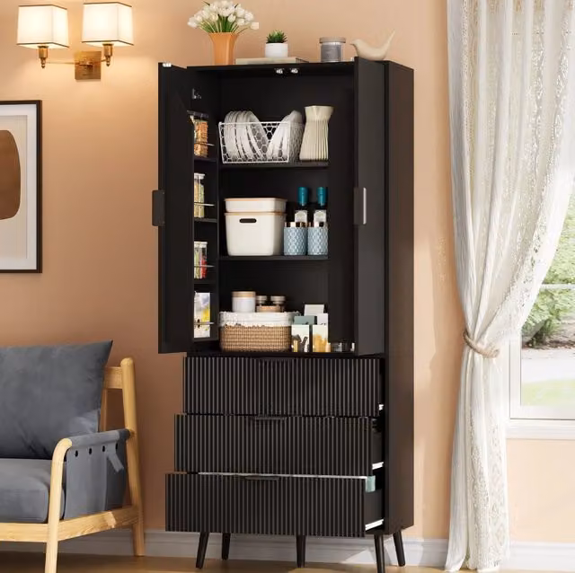 Mobile contenitore alto con 2 ante; 3 cassetti e ripiani regolabili; MDF nero; 75 × 35 × 180 cm
