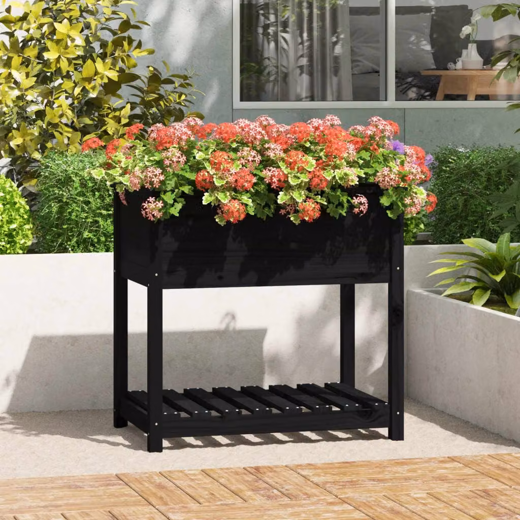 Fioriera con mensola vidaXL in legno di pino massello, colore nero, L 82,5 cm x P 54 cm x H 81 cm