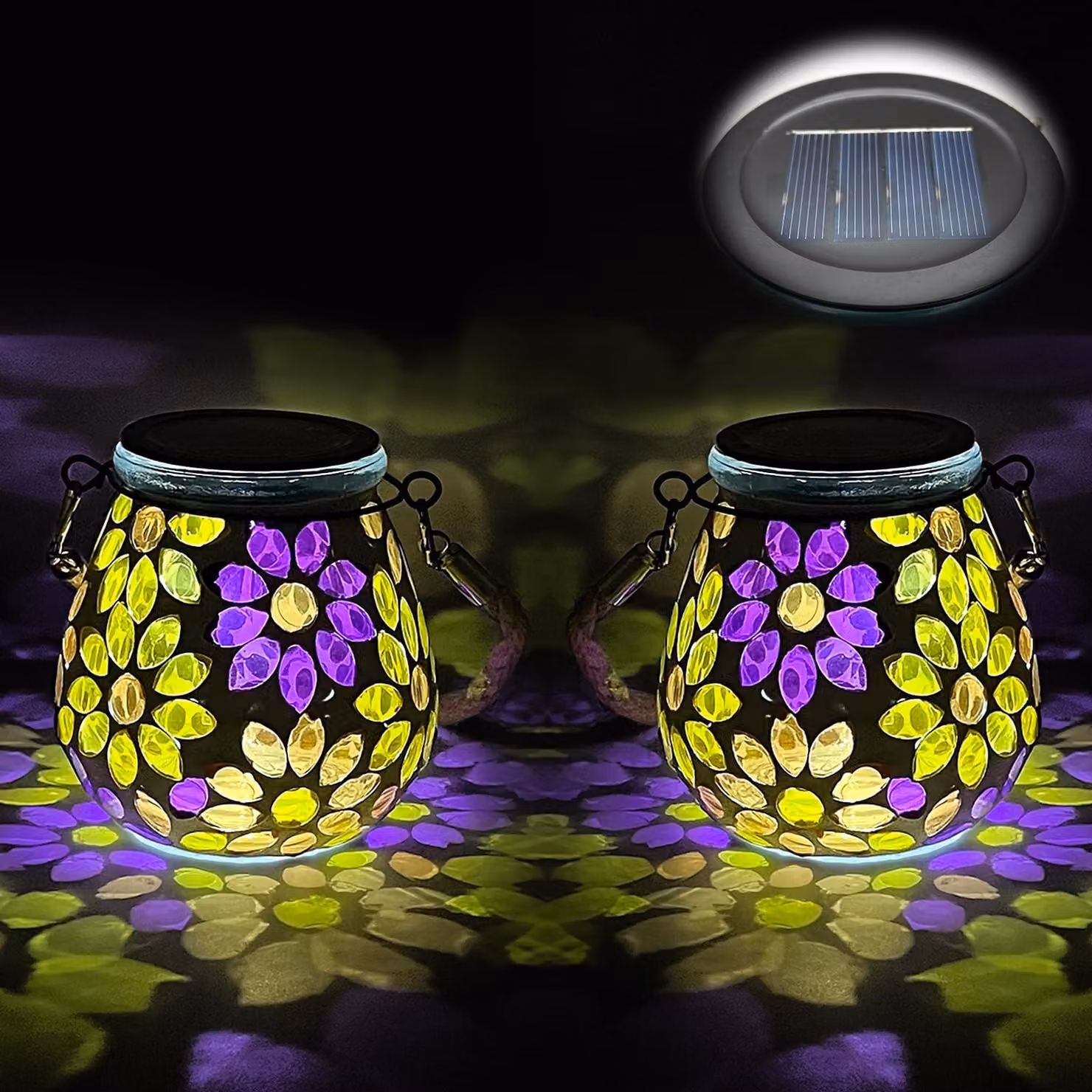 Lampade da esterno a energia solare con vetro decorato a mosaico, 2 pezzi, forma ovale, grado di protezione IP65, motivo floreale
