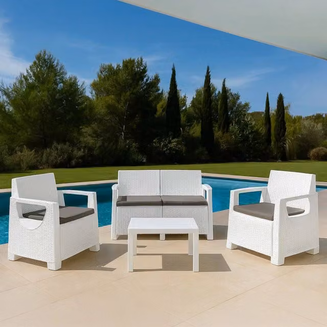 Set Salotto da Esterno Mioglia DMORA per 4 Persone, Bianco e Grigio con Divano a 2 Posti, Poltrone e Tavolino, Made in Italy – 1