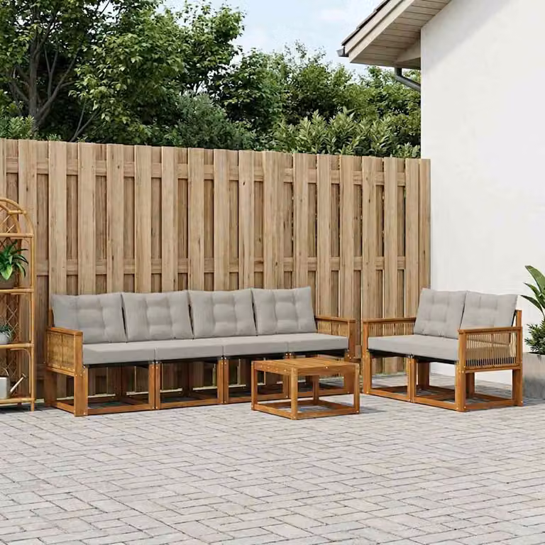Set di divani da esterno vidaXL a forma di U composto da 7 pezzi in legno di acacia con cuscini in tessuto beige e grigio e tavolino da giardino