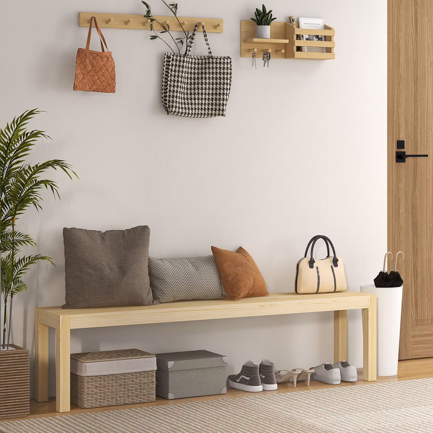 Panca HOMCOM a 3 posti in legno di pino, colore marrone e beige, L: 175 cm, P: 33 cm, H: 45 cm – 2