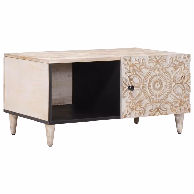 vidaXL Tavolino da salotto rettangolare in legno di mango bianco L: 80 cm, P: 50 cm, H: 40 cm