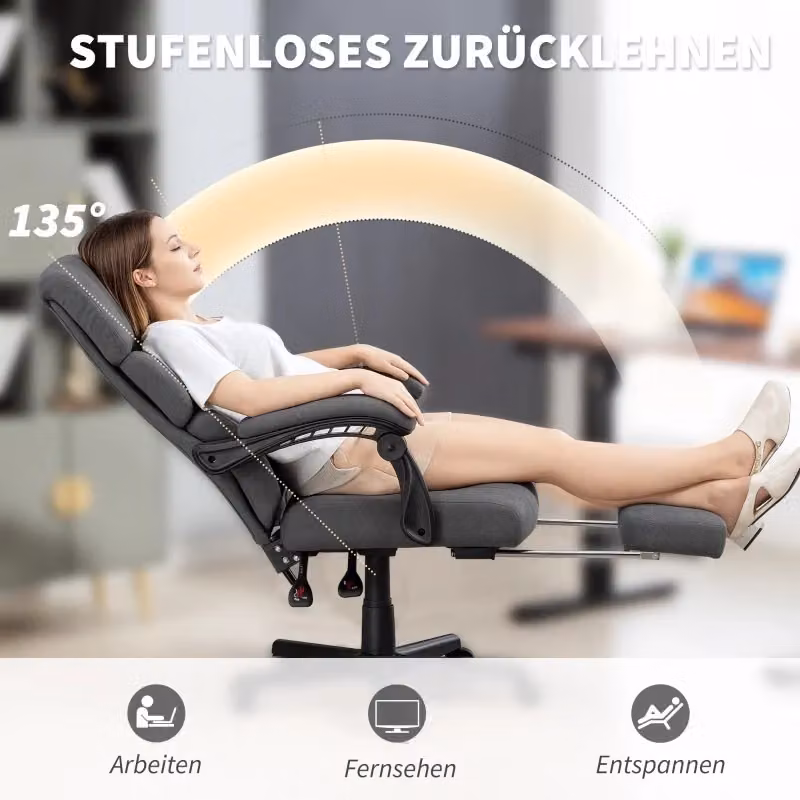 Sedia da ufficio moderna in velluto grigio con ruote e poggiapiedi girevole – 2