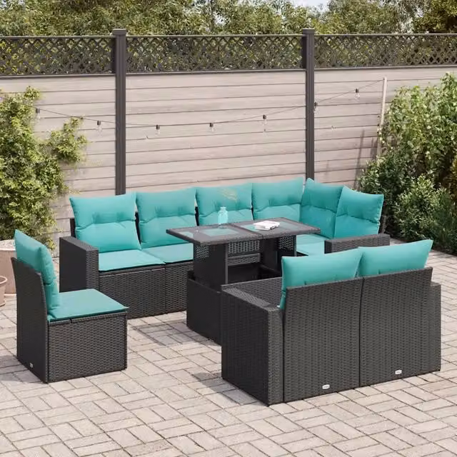 Set Divani da Giardino 9 pz con Cuscini Nero Polyrattan Acacia 3326338