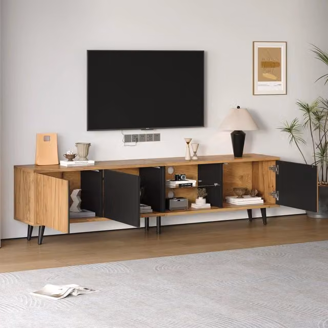 Mobile porta TV OKWISH moderno per soggiorno con 3 ante e ripiano a due livelli in vetro temperato, marrone e nero, L: 175 cm, P: 31,5 cm, H: 45 cm