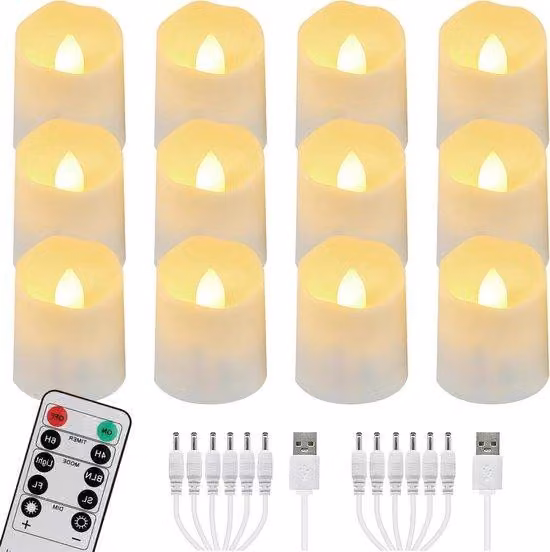 Ghirlande luminose a LED con fiamma mobile, 12 ore di autonomia, ricaricabili tramite USB, con telecomando e timer, effetto tremolante, luce bianca calda, intensità regolabile, cavo USB, per Natale, Halloween, feste e decorazioni per la famiglia