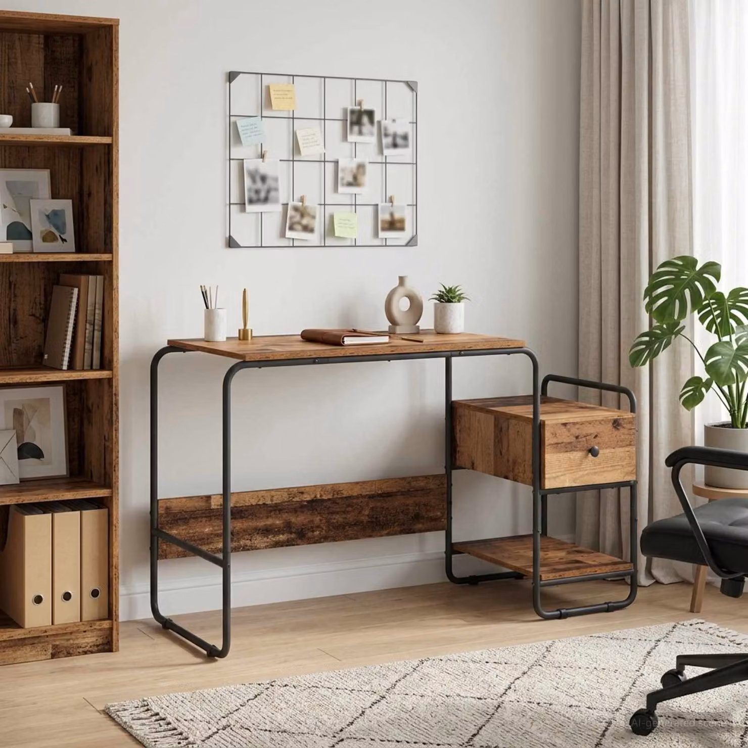 Scrivania moderna vidaXL con spazio di archiviazione in legno e metallo, colore marrone, L: 131.5 cm, P: 60 cm, H: 75.5 cm