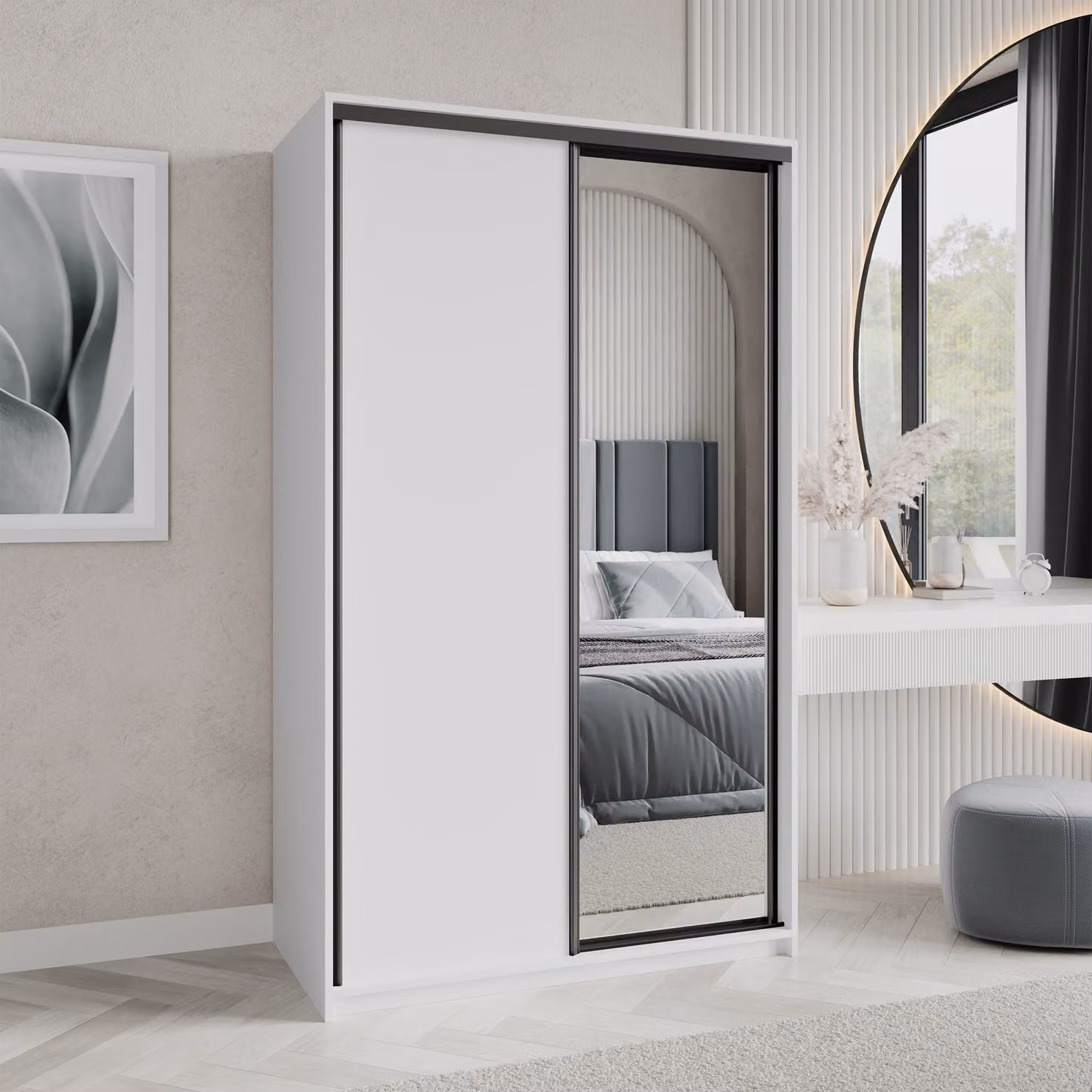 Armadio scorrevole Masseno TAVI 120/205/60 cm Armadio con cassetti Armadio per camera da letto a 2 ante con specchio Bianco + Nero