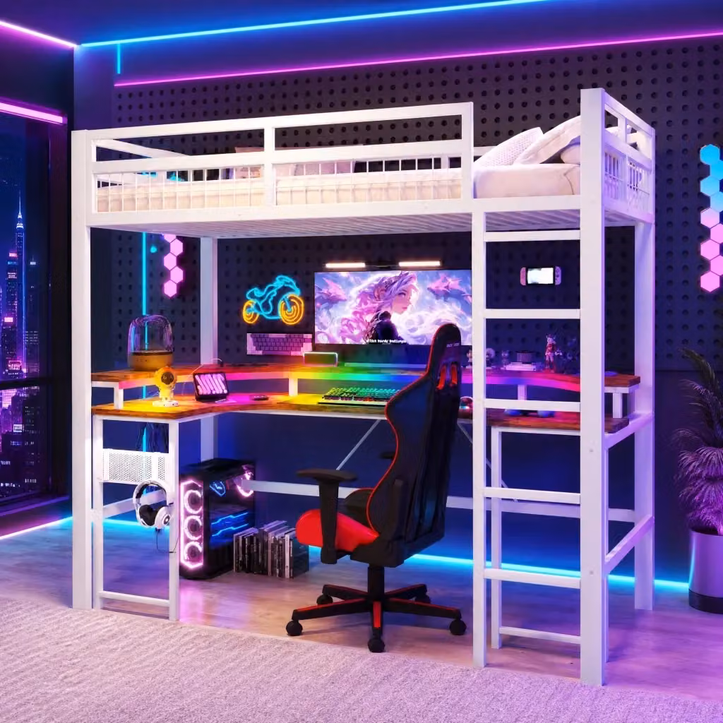 Letto a soppalco REDOM in metallo bianco con scrivania, illuminazione LED e porte di ricarica USB-C, dimensioni 90 x 200 cm – 2