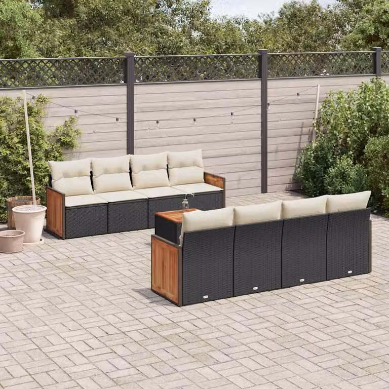 Set di divani da giardino vidaXL in polyrattan nero con cuscini e tavolino da esterno