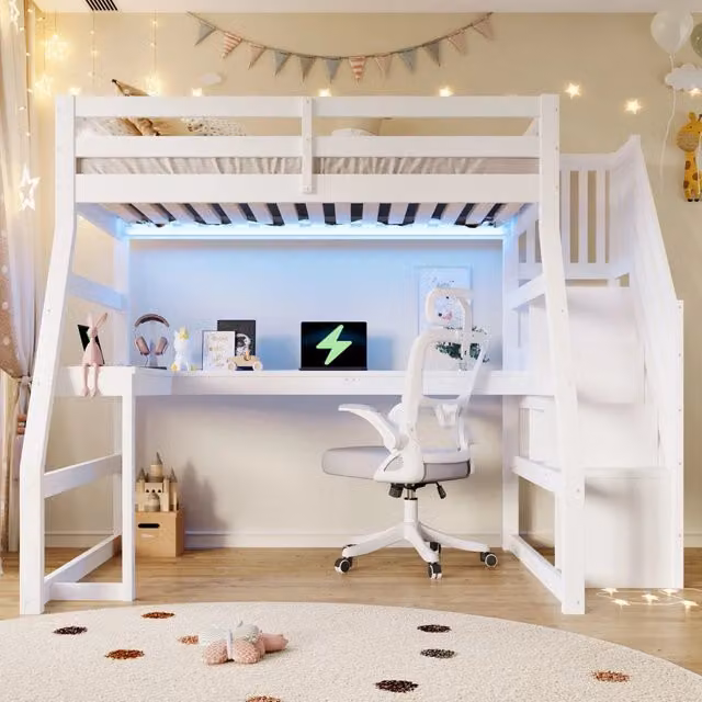 Letto a soppalco 90x200 cm, con scrivania, illuminazione a LED e porta USB, letto per bambini, bianco