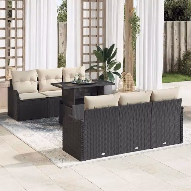 Set Divano da Giardino 7 pz Nero e Crema polyrattan 3348383