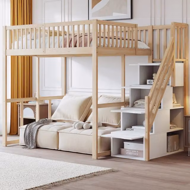 Hochbett 140x200 cm con scala contenitore e 15 doghe in legno di pino
