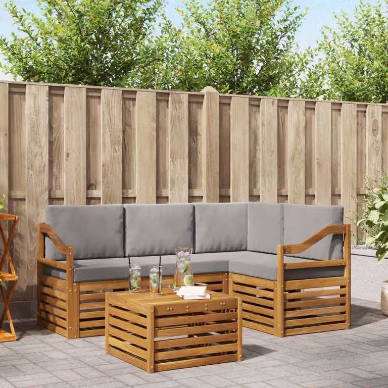 Set di divani da esterno vidaXL a forma di L in legno di acacia con tavolo da caffè, 5 pezzi, Grigio, Bianco e Marrone