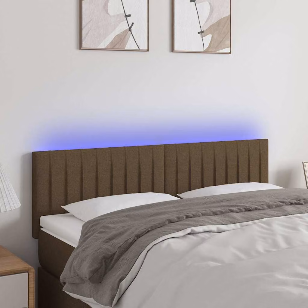 Testiera per letto vidaXL in tessuto marrone con illuminazione LED e porta USB, L 144 x P 5 x H 78/88 cm