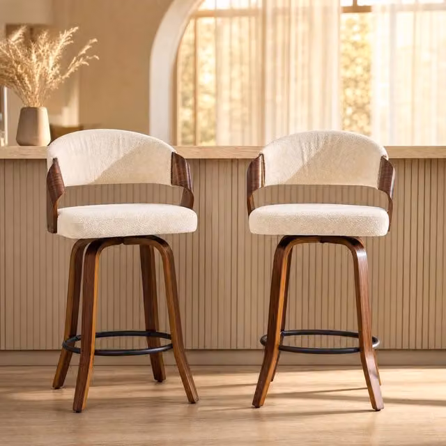 Set di 2 sgabelli da bar MIVRAY con schienale in tessuto bianco e struttura in legno, Altezza: 95 cm