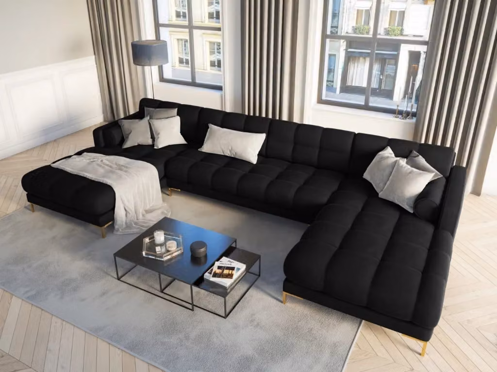 Divano panoramico Bali da 7 posti Cosmopolitan Design in velluto nero e oro con struttura in metallo e cuscini inclusi L: 383 cm, P: 185 cm, H: 75 cm – 2