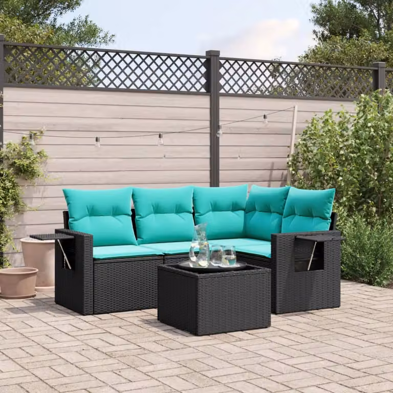 Set Divani da Giardino vidaXL 5 pz in Polyrattan con Cuscini e Tavolino, Design Moderno a L, Colore Nero