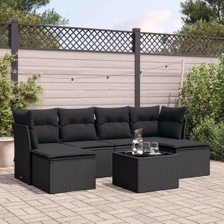 vidaXL Set Divani da Giardino a L con Polyrattan e Cuscini, 7 Pezzi, Nero