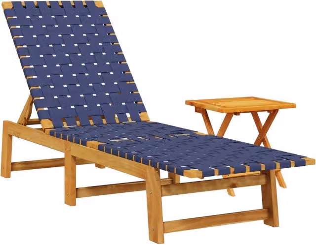 Sdraio da giardino | Lettino con Tavolino Blu Scuro Legno Massello Acacia e Tessuto