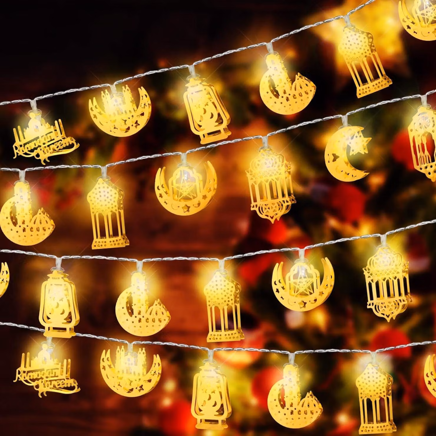 Catena luminosa con 20 LED, motivo luna, stelle e lanterne, alimentata a batteria, luce bianco caldo