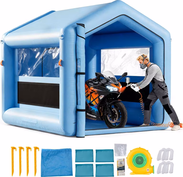 Cabina di verniciatura gonfiabile - Tenda cabina di verniciatura 3 x 2,5 x 2,5 m - Ventilatore 550 W - Sistema di filtraggio dell'aria - Finestra trasparente - Tetto triangolare - Tessuto Oxford 210D - Blu