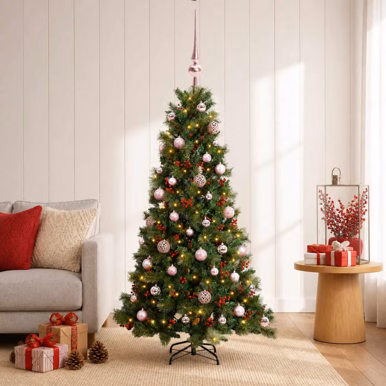 Albero di Natale artificiale verde vidaXL con 150 LED luce bianca calda e decorazioni con palline, Altezza: 150 cm
