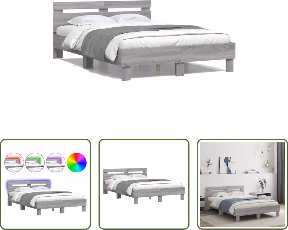 The Living Store Giroletto con testiera Illuminazione LED Grigio Sonoma 135x190 cm