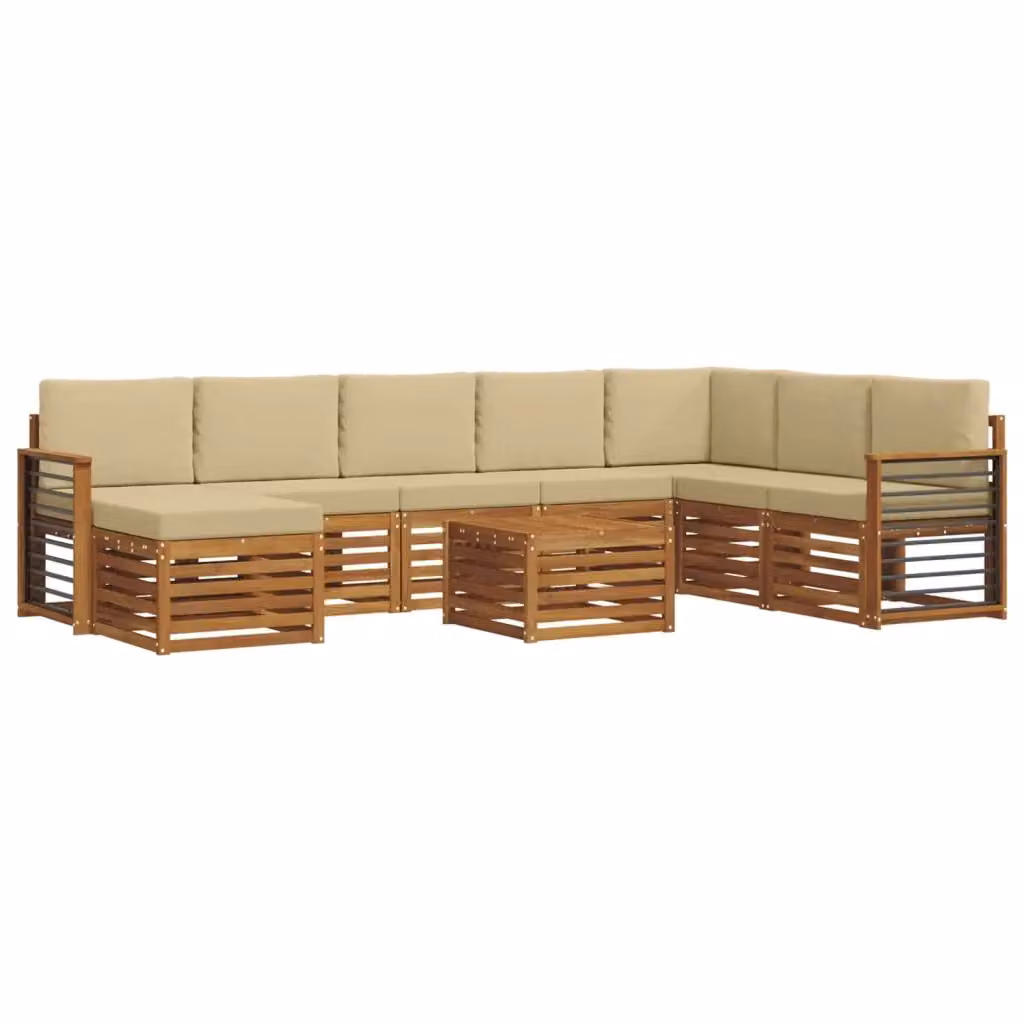 Set di divani da esterno vidaXL a forma di L in legno di acacia con tavolino e pouf, colore beige e marrone – 2