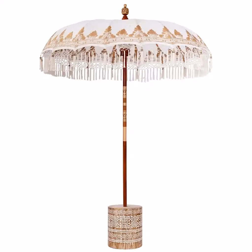 Ombrello balinese con base vidaXL in beige e bianco con palo centrale in legno e bambù, L/P/H: 185 x 185 x 260 cm – 2