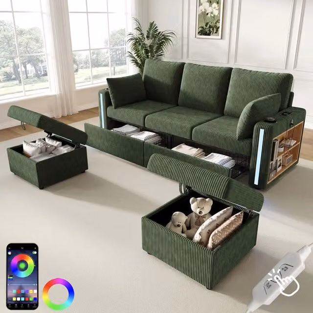 Divano angolare modulare ¨C Minimal ¨C Verde, con cassetti, cuscini, contenitore, LED, portabibite, porte USB, 2 poggiapiedi