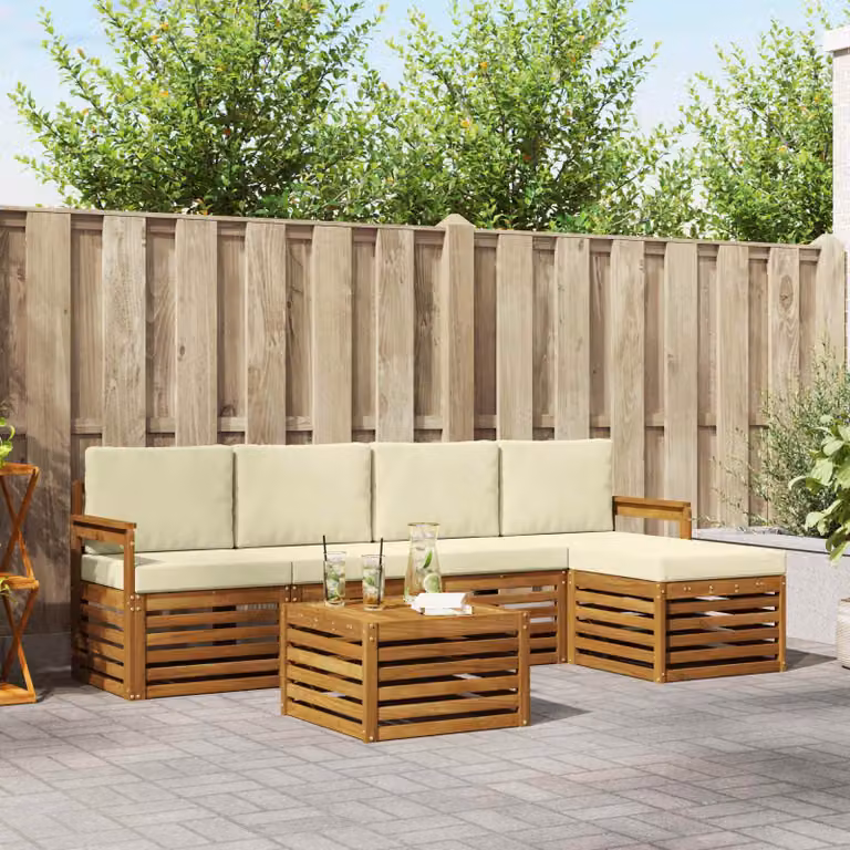 Set di divani da esterno vidaXL a forma di L in legno di acacia con tavolino e pouf, colore beige e bianco