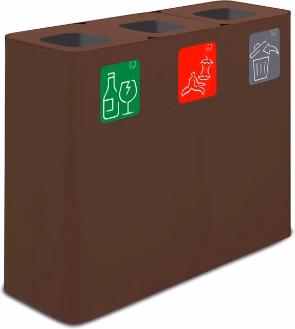 Pattumiera Sistema di Raccolta Rifiuti 90x30xh80 cm In Acciaio Verniciato 3 Scomparti Marrone