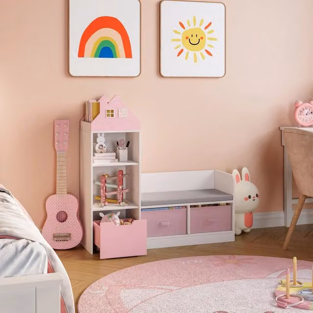 Mobile per cameretta Vipsali en.casa con panchina, scaffale e contenitori, Rosa e Bianco, L: 100 cm, P: 30 cm, H: 99 cm