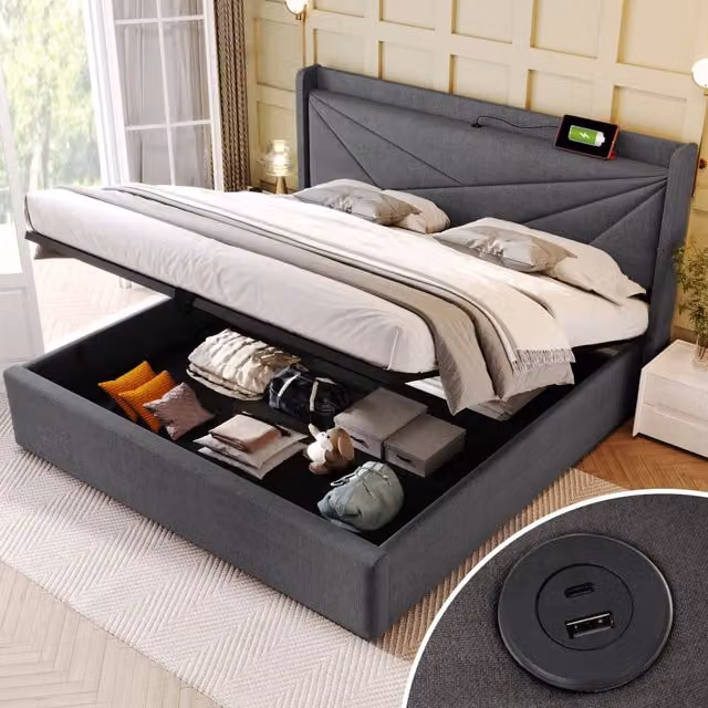 Letto contenitore matrimoniale OKWISH con testiera imbottita e porte USB, L/P: 140 x 200 cm, grigio