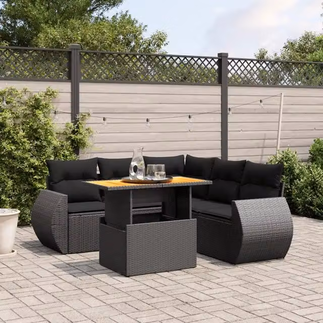 Set Divano da Giardino 6 pz con Cuscini Nero in Polyrattan 3272189