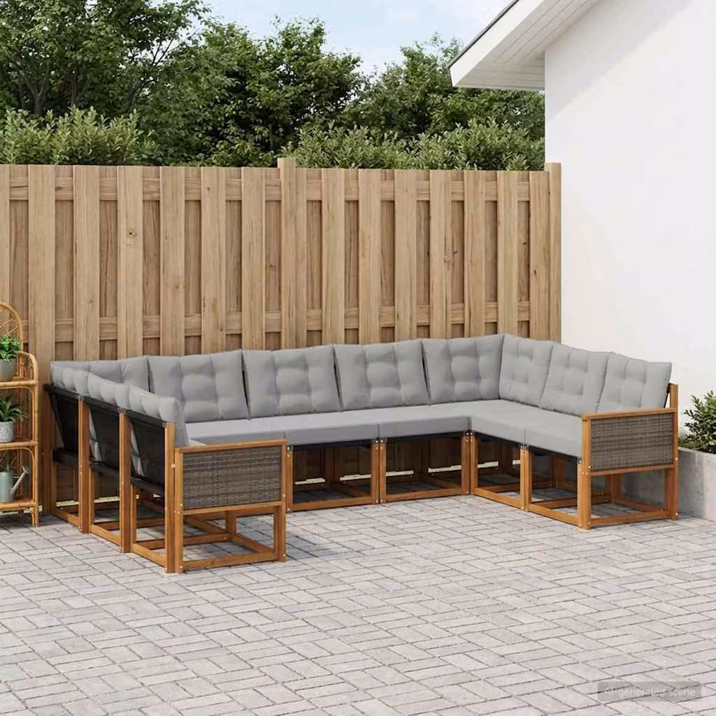 Set di divani da esterno vidaXL 9 pz in legno di acacia con cuscini beige e grigio chiaro